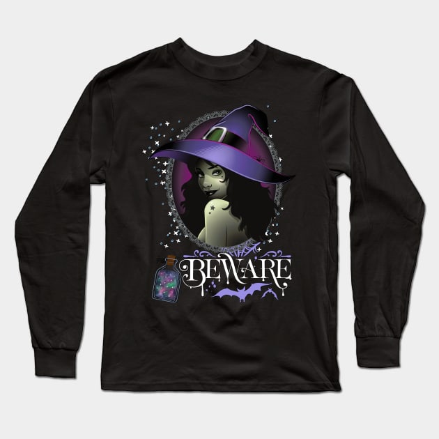 Magic Witch Tarot cards Beware potion witchy hat Witchcraft astrology Halloween Long Sleeve T-Shirt by BoogieCreates